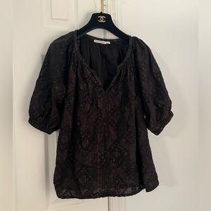 ROLLER RABBIT ALIANNE TOP 100% COTTON WOVEN PUFF SLEEVE LUREX BLACK & GOLD SIZ L